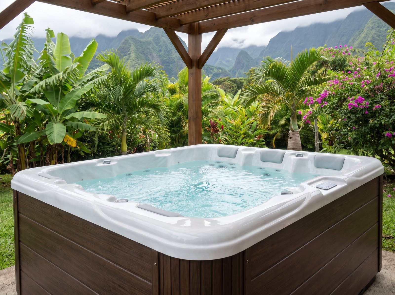 Spa Ara 6 places sous une pergola dans un jardin tropical, visuel d'ambiance non contractuel