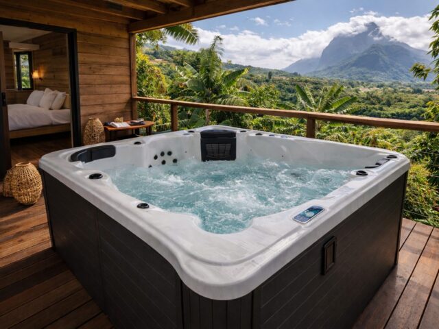 Spa Chillout 6 places sur la terrasse d’un gîte, visuel d'ambiance non contractuel