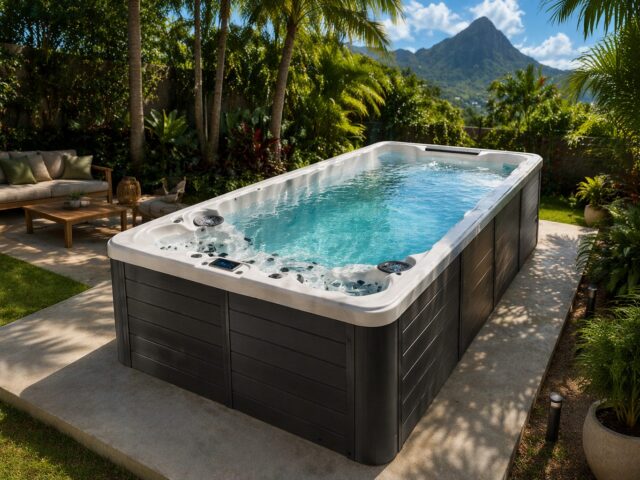 Spa de nage Jade dans un jardin à La Réunion, visuel d'ambiance non contractuel