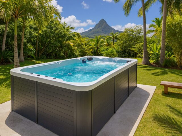 Spa de nage dans un jardin avec vue sur un piton, visuel d'ambiance non contractuel