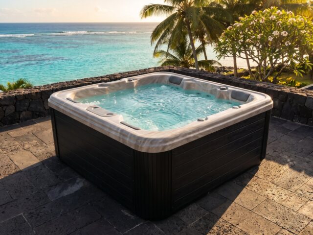 Spa Nirvana 4 places sur une terrasse en basalte face au lagon, visuel d'ambiance non contractuel