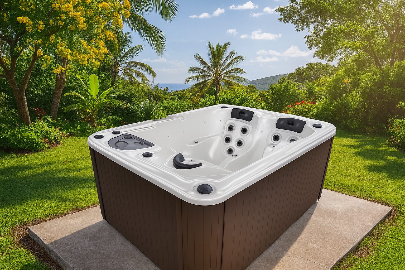 Spa Oasis 3 places sur dalle dans un jardin, visuel d'ambiance non contractuel