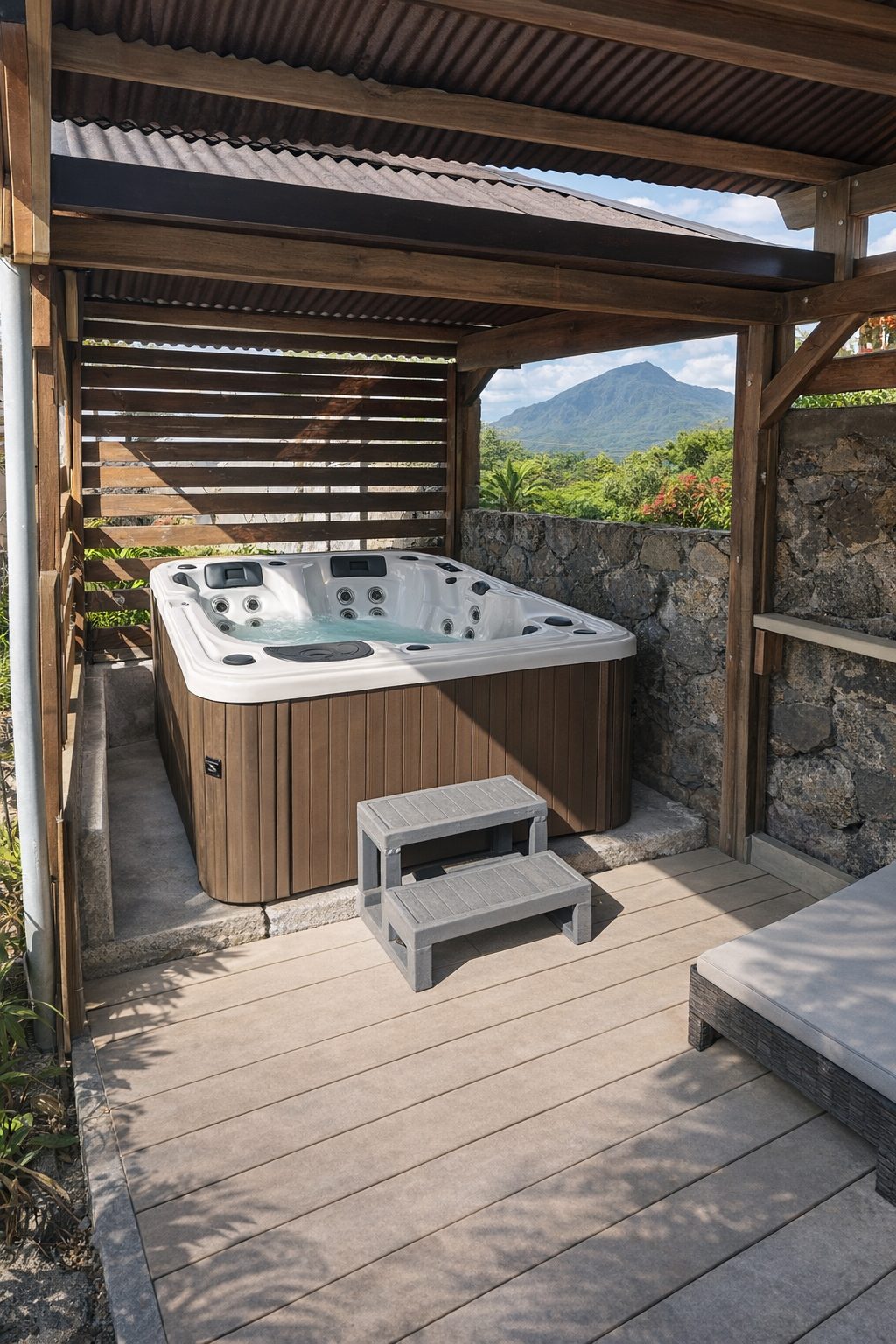 Spa Oasis 3 places sous pergola bois, visuel d'ambiance non contractuel