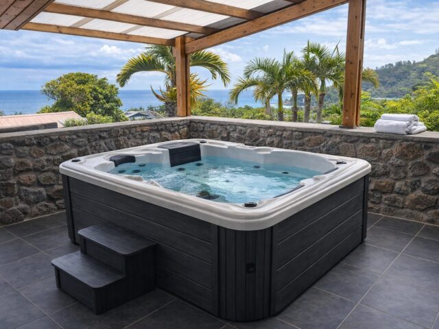 Spa Oasis 3 places sous pergola vue mer, visuel d'ambiance non contractuel