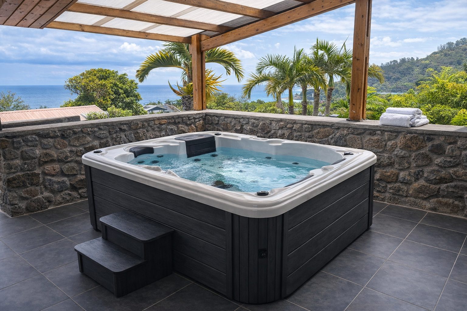 Spa Oasis 3 places sous pergola vue mer, visuel d'ambiance non contractuel