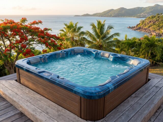 Spa Sweety 5 places coque bleue sur une terrasse vue mer, visuel d'ambiance non contractuel